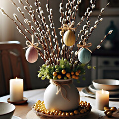 Easter centerpiece with painted eggs, pussy willows, candles, festive atmosphere