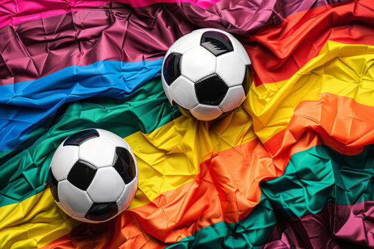 Soccer football ball on an LGBTQ gay pride rainbow flag