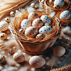 Colorful Easter eggs arranged in a wicker basket on a holiday table