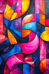 Bright abstract painting with vivid colors and dynamic geometric shapes