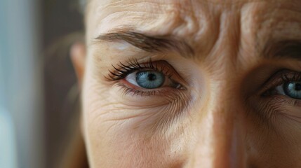 Close-up of a woman's face with striking blue eyes. Ideal for beauty or healthcare concepts