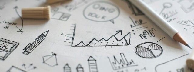 Black and white photo showcasing simple hand-drawn sketches of business charts, graphs, and analytical diagrams