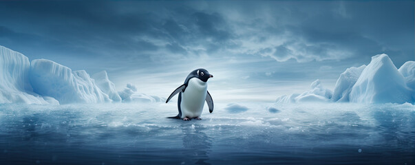 Lonely penguin on icy landscape at sunset