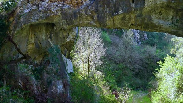 Landscape around the natural stone Arch of Jentilzubi in Dima in the Province of Bizkaia. Basque Country. Spain. Europe