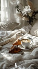 Fototapeta na wymiar Cozy Bed Aesthetics, Coffee and Croissant Delight