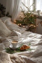 Obraz na płótnie Canvas Cozy Bed Aesthetics, Coffee and Croissant Delight