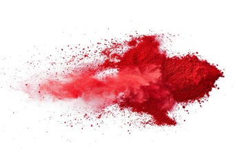 Red powder on a white background, top down view, isolated. Red powder explosion on white background. Colored cloud. Colorful dust explode. Paint Holi.
