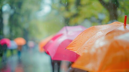 Close-up view of colorful umbrella in the rain - obrazy, fototapety, plakaty