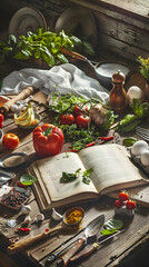New Recipe Composition: Fresh Ingredients on a Rustic Wooden Table