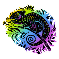 Vector Doodle Silhouette of Iridescent Chameleon Isolated on White. Hand Drawn Reptile Illustration in Cartoon Style. Sketch for Tattoo or Print. Tropical Animal Collection. 