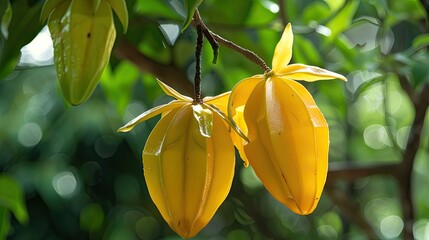 Carambola close-up on a tree. selective focus