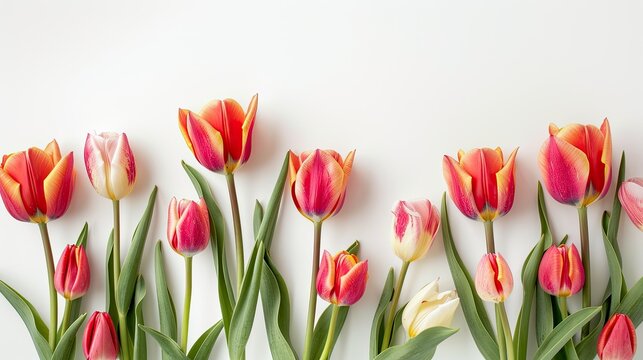 Mother s Day greetings with tulips displayed on a fresh white backdrop embodying the essence of spring a perfect template for a heartfelt message - Powered by Adobe