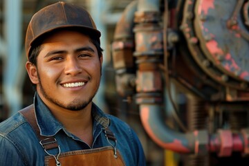 A smiling man in a hat and overalls stands in front of a knot of pipes. - Powered by Adobe
