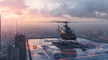 A helicoptor on helipad on the top od building