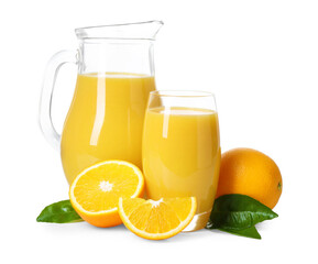 Refreshing orange juice, leaves and fruits isolated on white
