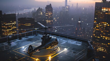 A helicoptor on helipad on the top od building