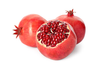 Many fresh ripe pomegranates isolated on white