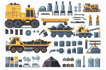 A set of construction equipment including a bulldozer, dump truck, and more. Ideal for construction and industrial projects