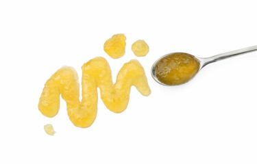 Tasty sweet jam and spoon isolated on white, top view