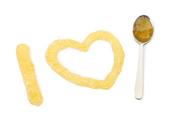Letter I, heart made of tasty sweet jam and spoon isolated on white