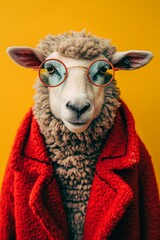 A sheep models with hipster glasses against vibrant backgrounds, creating a quirky and humorous...