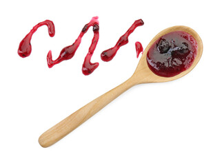 Tasty sweet jam and spoon isolated on white, top view