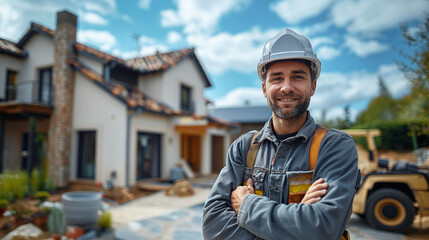 portrait of a roofer in front of a newly renovated house, construction professional, expert