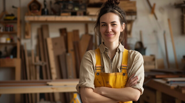 Young female artisan standing smiling in workshop
