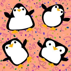 Cartoon festive animals seamless birthday decor and penguin pattern for wrapping paper and fabrics