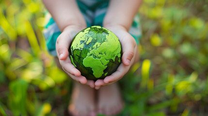 Child holding globe in hands. Concept symbolising environmental consciousness 