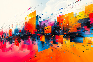 Abstract vibrant explosion of neon-colored geometric shapes on a dynamic background