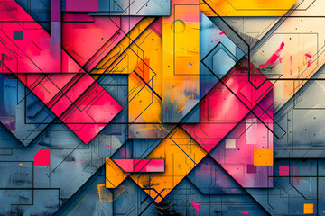 Abstract art of a neon-colored, geometric explosion on a textured background