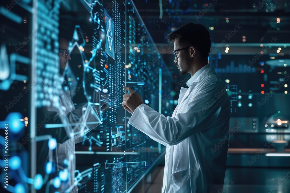 Poster a man in a lab coat studying information on a computer screen. suitable for scientific or technology