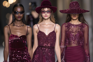 fashion portrait, women in burgundy color clothes,ai