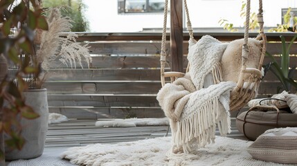 A Scandinavian-inspired terrace setup with a minimalist swinging chair crafted from natural wood, accented by cozy sheepskin throws and soft blankets