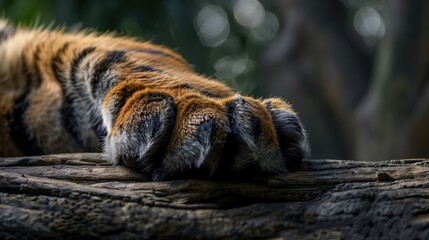 A close-up of a tiger's paw resting on a fallen tree trunk, highlighting the strength and agility of these apex predators on International Tiger Day.