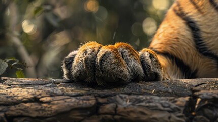 A close-up of a tiger's paw resting on a fallen tree trunk, highlighting the strength and agility...