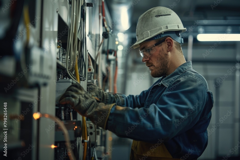 Poster a man in a hard hat working on a machine. suitable for industrial and engineering concepts