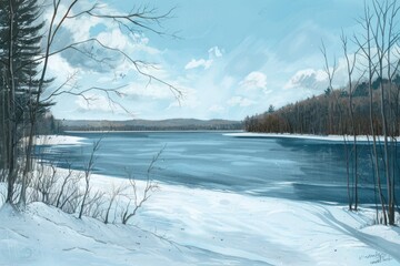A serene painting of a lake covered in snow. Ideal for winter-themed designs