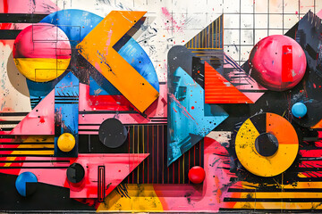 Vivid mural showcasing an explosion of neon geometric shapes with dynamic splatters