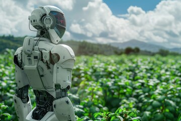 A robot in a field of green plants with a blue sky and clouds in the background.