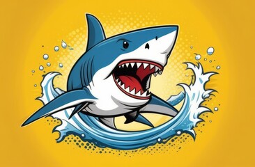 Naklejka premium A fierce cartoon shark emerging with energy, set against a vibrant yellow backdrop with splashing waves