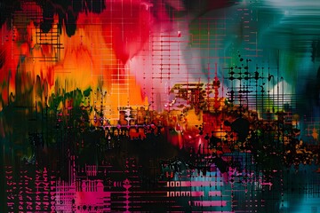 Against a backdrop of digital pixels and glitch effects, the modern abstract background pushes the boundaries of traditional art forms, embracing technology and innovation to create a visual - obrazy, fototapety, plakaty