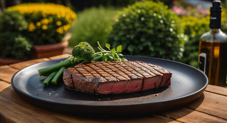 Steak on the table or on the grill in the backyard of a house or villa on a weekend or vacation. Sunny day, close-up