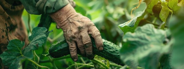 a farmer collects cucumbers on the plot. selective focus - Powered by Adobe