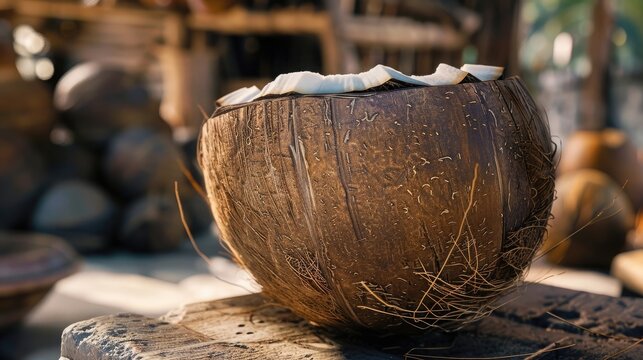 A close-up shot of a coconut being used in a traditional craft, such as weaving or carving.