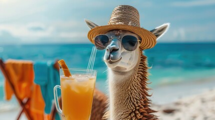Obraz premium llama with a cocktail on the beach. selective focus