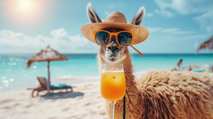 llama with a cocktail on the beach. selective focus