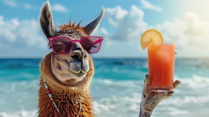 Naklejka premium llama with a cocktail on the beach. selective focus
