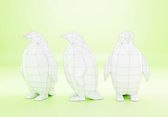 low poly polygonal penguins, 3d rendered